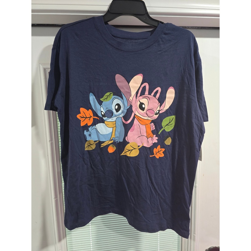 Disney Stitch and Angel Autumn Leaves Navy Graphic Tee Shirt Kids Large 12-14